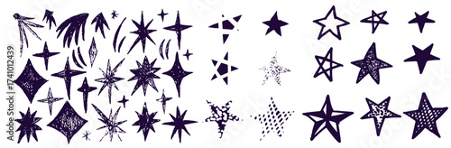 Black crayon hand drawn stars set. Childish doodled sparks and sparkles collection. Grunge rough brush stroke shine element pack for collage, poster, sticker. Kid sketched wax pencil symbols