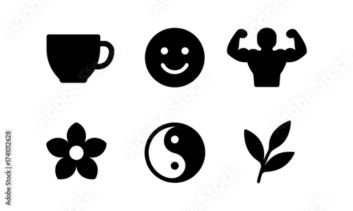 Versatile icon set featuring cup, smiley face, strongman, flower, yin yang, and leaf for design projects