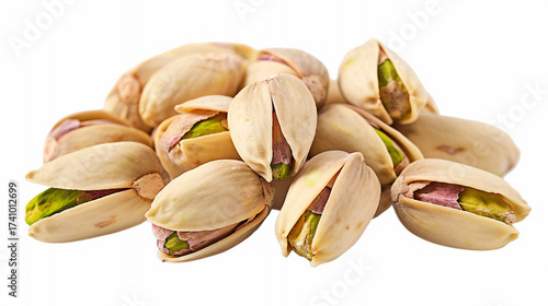 A delightful pile of roasted pistachios, mostly open to reveal their vibrant green nuts within pale shells, creates an appealing and natural image of a healthy, savory snack or ingredient, isolated on