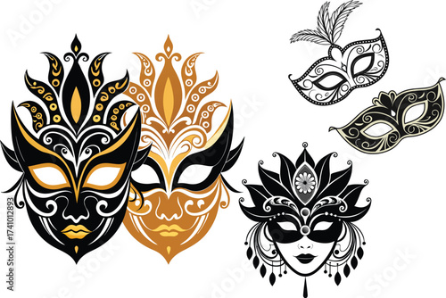 Black and gold ornate masquerade masks with feathers and floral designs venetian mask carnival mask