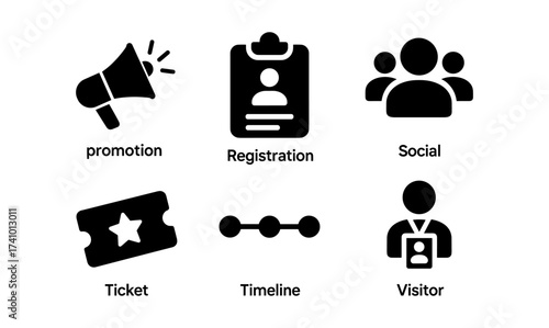 Comprehensive set of simple vector icons for promotion, registration, social interaction, ticketing, timeline, and visitor management