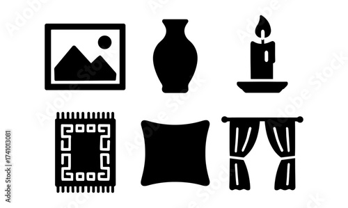 Minimalist home decor elements for design projects: candle, vase, curtains, pillow, artwork, rug
