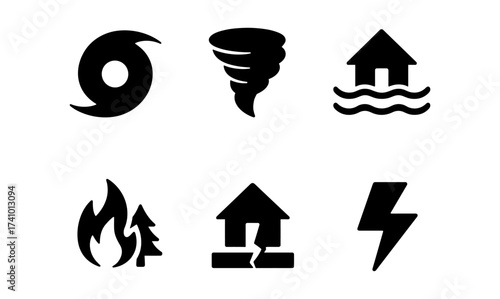 Natural disasters icons set: tornado, earthquake, hurricane, flood, fire, lightning - perfect for environmental awareness and educational design projects