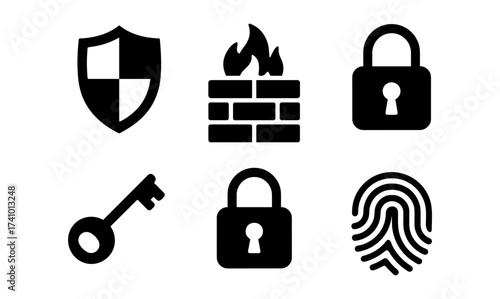 Essential security icon set featuring shield, firewall, locks, key, and fingerprint for digital protection design