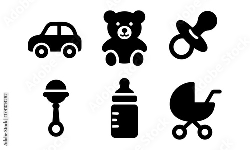 Baby essentials set with teddy bear, pacifier, and stroller for nursery and newborn care