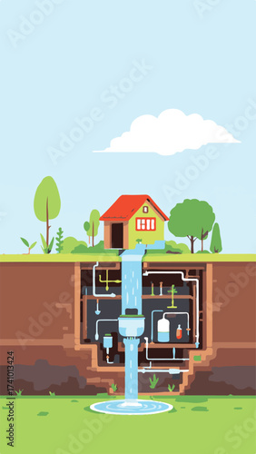 Vector Illustration of a Sustainable Home with Rainwater Harvesting System