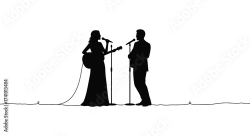 Silhouette duo performing music live concert stage with guitar and microphones artistic black and white scene