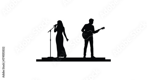 Dynamic silhouette of a female singer and male guitarist performing together on stage