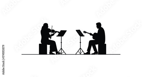 Silhouettes of two musicians playing violin and guitar on stage with music stands and stools against a clean backdrop