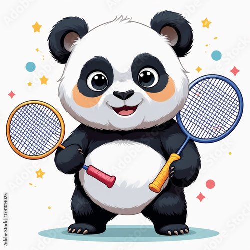 Adorable cartoon panda character holding a badminton racket