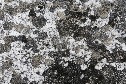 Foto Rough weathered surface displaying intricate patterns of dark grey and white patches, showcasing natural grunge texture