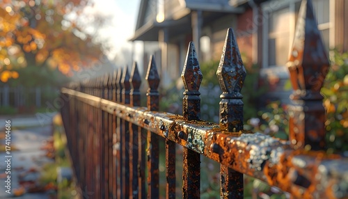 A close-up shot of an old, rusty fence in front of a house on a sunny day