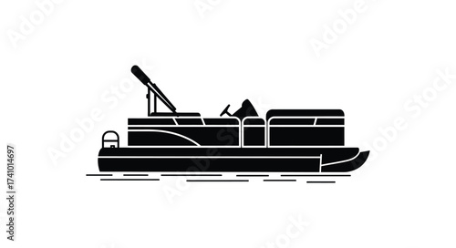 Silhouette of a pontoon boat with a canopy and driver cruising on calm water aquatic transportation leisure activity