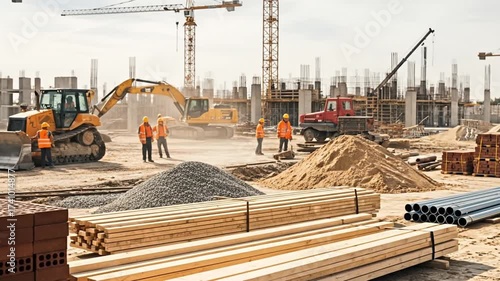 Witness the simple, powerful progress of a modern construction project, with dedicated workers and heavy machinery laying the groundwork for future structures