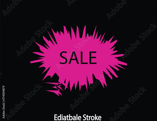 Bold vector sale badge with an explosion style in neon pink and black, perfect for high-impact flash sales, web banners, and modern digital marketing urgency. Includes editable stroke.