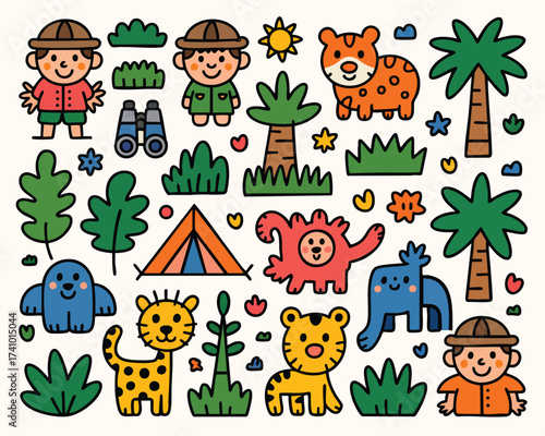 Jungle safari cartoon doodle vector collection with cute animals and explorers