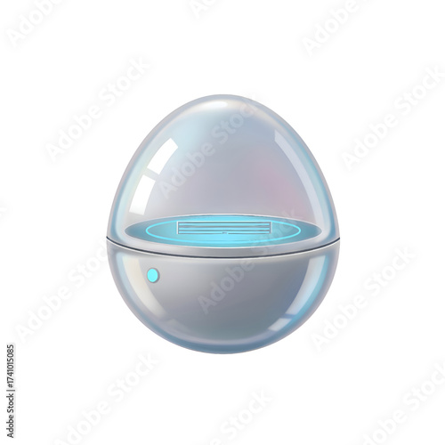 Futuristic glowing egg-shaped sci-fi device with blue lights on white background