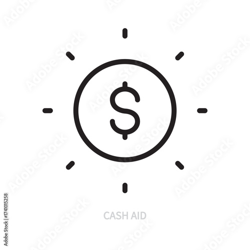 Cash aid line icon. Money, coin, dollar sign symbol. Volunteering, charity concept. Isolated on a white background. Editable stroke. Flat design. Vector illustration.