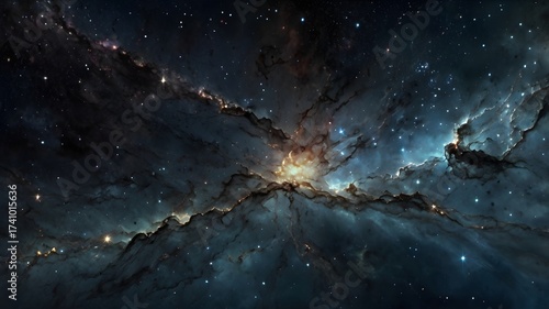 Colorful space galaxy cloud nebula. Stary night cosmos. Space Wallpaper. Dark Blue and Yellow Galaxy