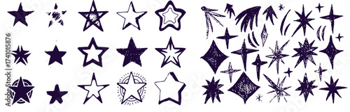 Black crayon hand drawn stars set. Childish doodled sparks and sparkles collection. Grunge rough brush stroke shine element pack for collage, poster, sticker. Kid sketched wax pencil symbols
