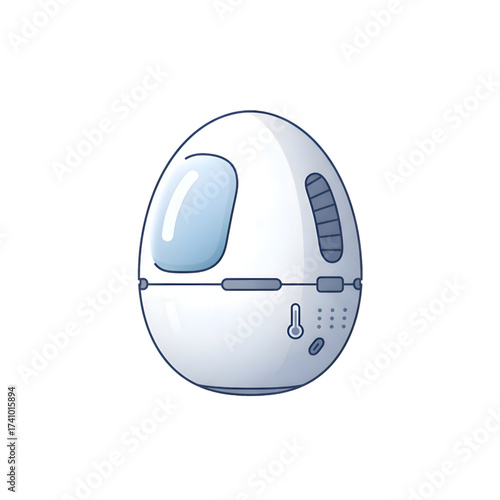 Futuristic white egg-shaped capsule with blue window and control buttons in vector style