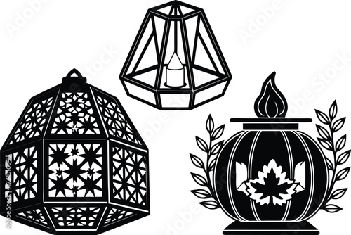 Three black graphic lanterns with intricate patterns and a torch lamp light