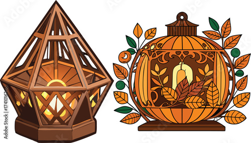 Geometric wooden lantern and pumpkin shaped lantern with autumn leaves light warm