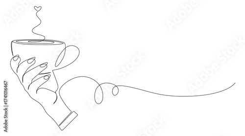 Continuous line art of a hand holding a cup of coffee or hot coffee with a transparent background. Vector illustration. This icon is for a sticker or banner of a cafe.