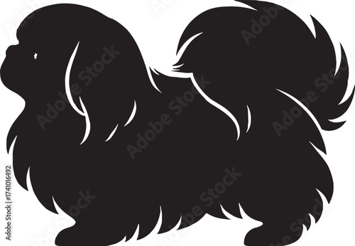 Silhouette of a fluffy pekingese dog with a curled tail and shaggy fur detail