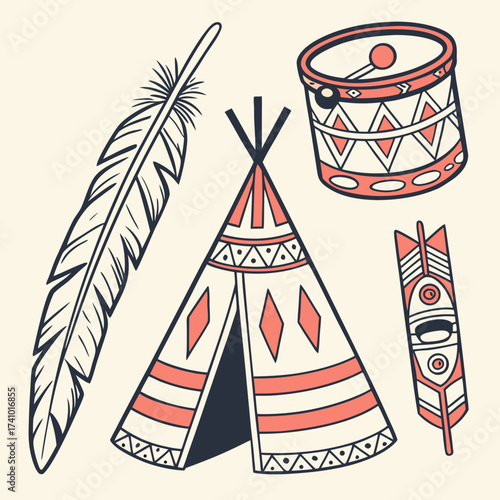 A collection of hand drawn native american inspired elements including a teepee a drum and feathers with intricate geometric patterns