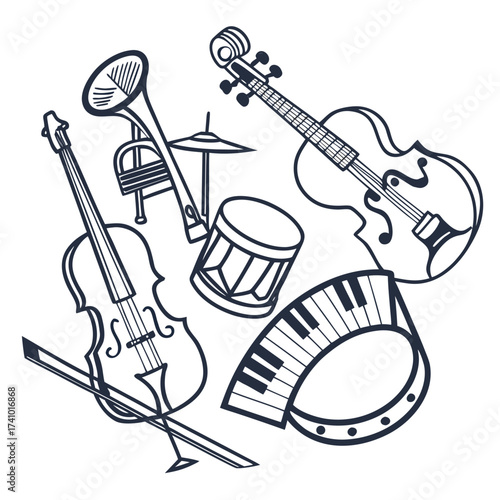 A delightful collection of hand drawn musical instruments including violins a trumpet a drum a cymbal and piano keys arranged in a dynamic composition