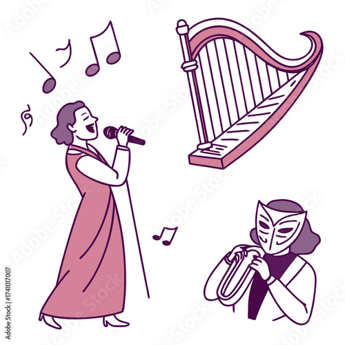 Artistic illustration of a singer with a microphone a harp and a masked musician playing a trumpet with musical notes