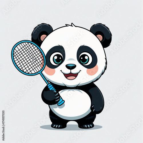 Adorable cartoon panda character holding a badminton racket