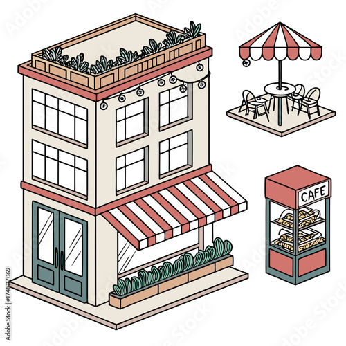 Charming isometric illustration of a multi story cafe building with outdoor seating and a display case filled with baked goods
