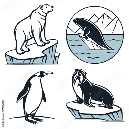 Collection of arctic and antarctic animals including a polar bear penguin seal and walrus on icebergs and ice floes