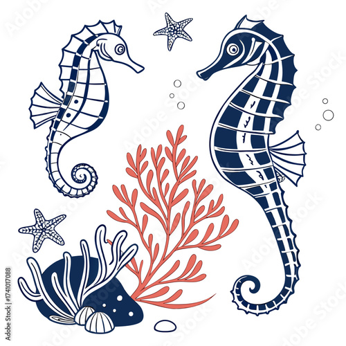 Charming navy blue and coral seahorse illustration with starfish and sea plants on a white background
