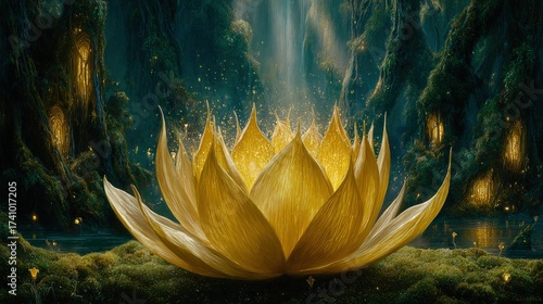 Golden Lotus Flower In Glowing Forest