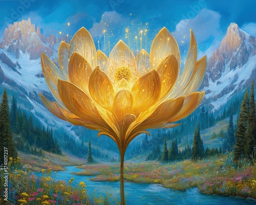 Golden Lotus Flower In Mountain Meadow Landscape