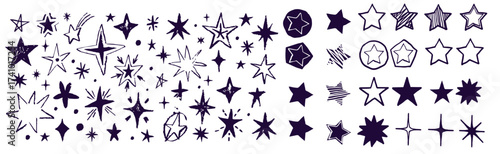 Black crayon hand drawn stars set. Childish doodled sparks and sparkles collection. Grunge rough brush stroke shine element pack for collage, poster, sticker. Kid sketched wax pencil symbols