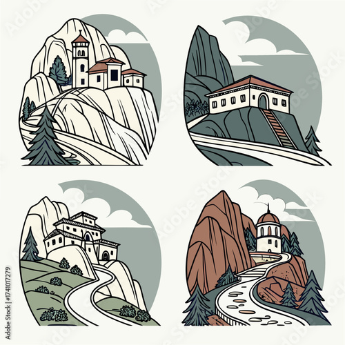 Collection of four stylized illustrations of monasteries and religious buildings perched on mountain peaks