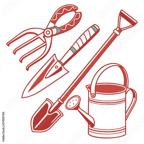 Collection of red and white stylized gardening tools including a trowel shovel hand cultivator watering can and small watering can