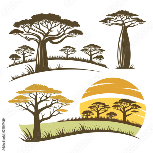 Collection of stylized african savanna trees including iconic baobab and acacia silhouettes against a white background
