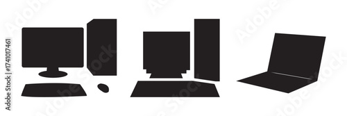 The image features silhouettes of various computer-related objects. These include a desktop monitor, a CPU tower, a keyboard, and a laptop.