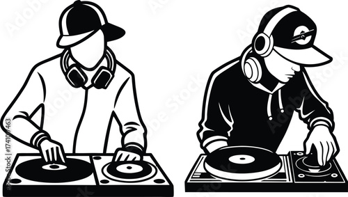 Two D Js wearing baseball caps and headphones mixing music on turntables disc jockey mixer