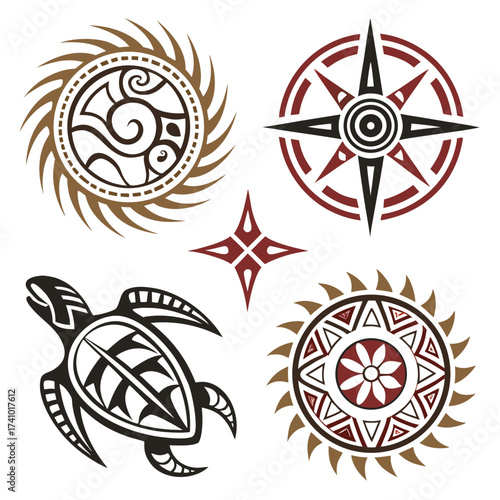Collection of stylized tribal tattoo designs featuring a sea turtle sun compass rose and starburst motifs
