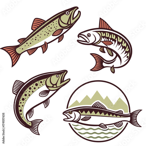 Collection of stylized trout and salmon fish illustrations in dynamic poses with mountain and river elements
