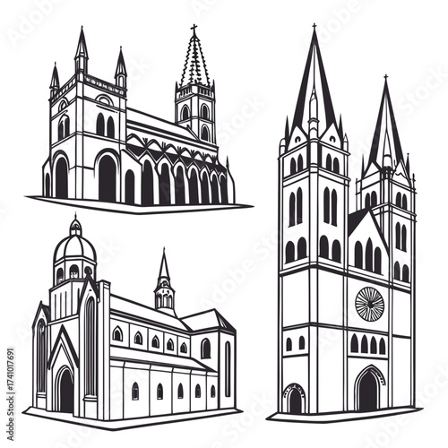 Collection of three distinct architectural line drawings of european cathedrals and churches with spires and domes