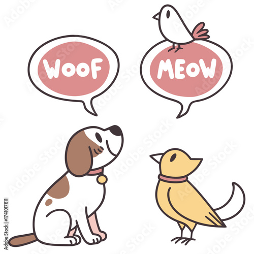Cute cartoon dog and bird with speech bubbles saying woof and meow in a playful illustration