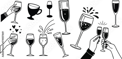 Collection of black and white line art illustrations of various drinks in glasses celebration