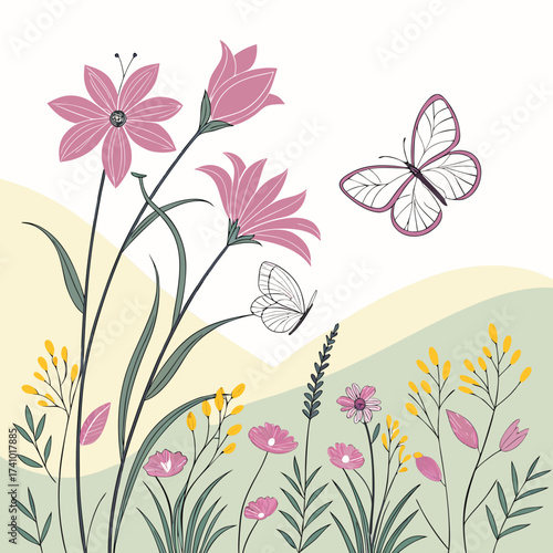 Delicate pink flowers and butterflies flutter gracefully in a serene meadow landscape with soft pastel hills